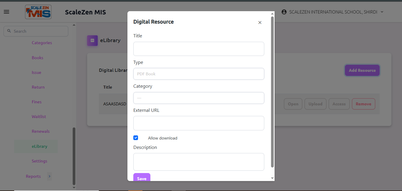 eLibrary Screen